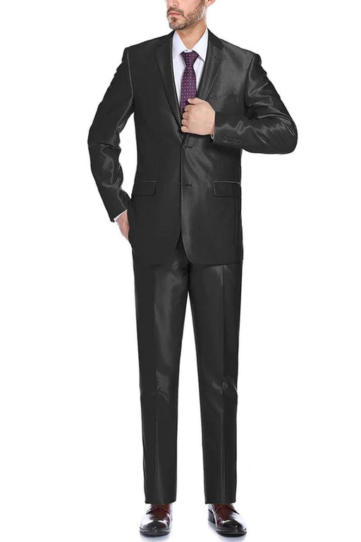 Renoir Men's Classic Fit Sharkskin Shiny Black Two-Button Suit w/ Optional Vest - USA Men's Outlet