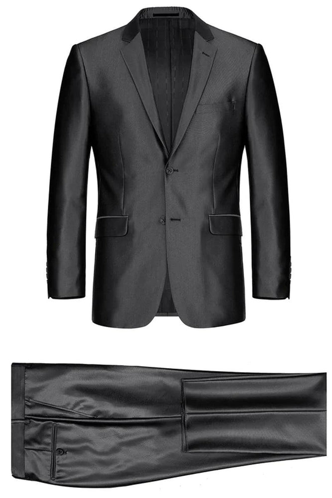 Renoir Men's Classic Fit Sharkskin Shiny Black Two-Button Suit w/ Optional Vest - USA Men's Outlet