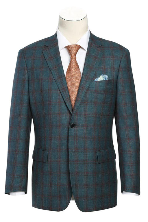 Renoir Men's Classic Fit Wool & Linen Teal Windowpane Blazer - USA Men's Outlet