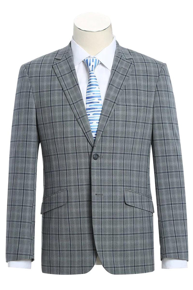 Renoir Men's Grey Windowpane Plaid 2-Btn Slim Fit Stretch Suit - USA Men's Outlet