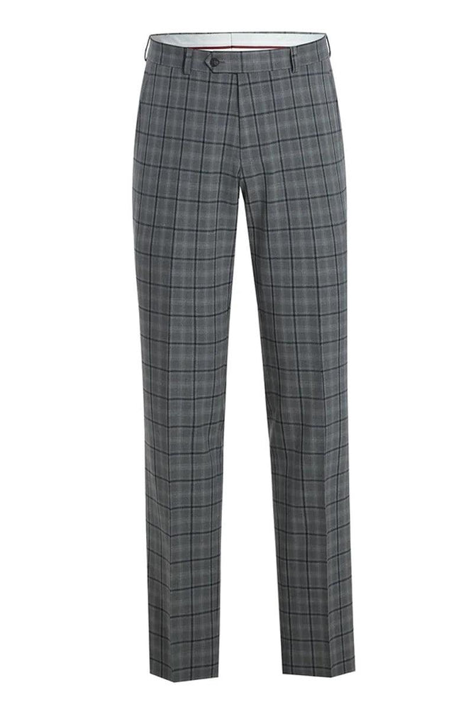 Renoir Men's Grey Windowpane Plaid 2-Btn Slim Fit Stretch Suit - USA Men's Outlet