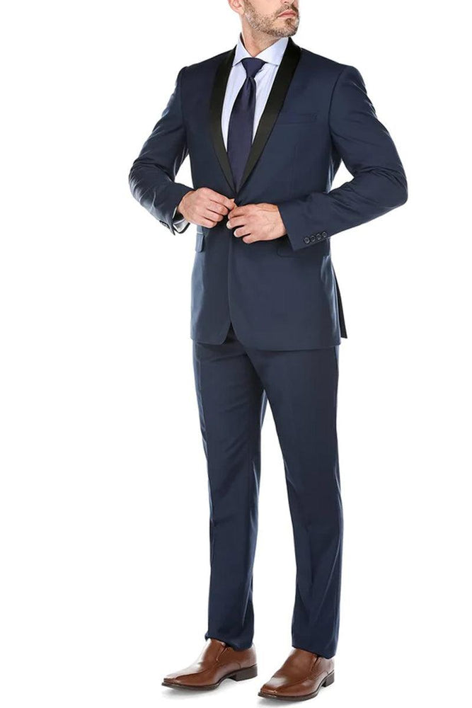 Renoir Men's Navy Blue Slim-Fit Shawl-Collar Tuxedo - USA Men's Outlet