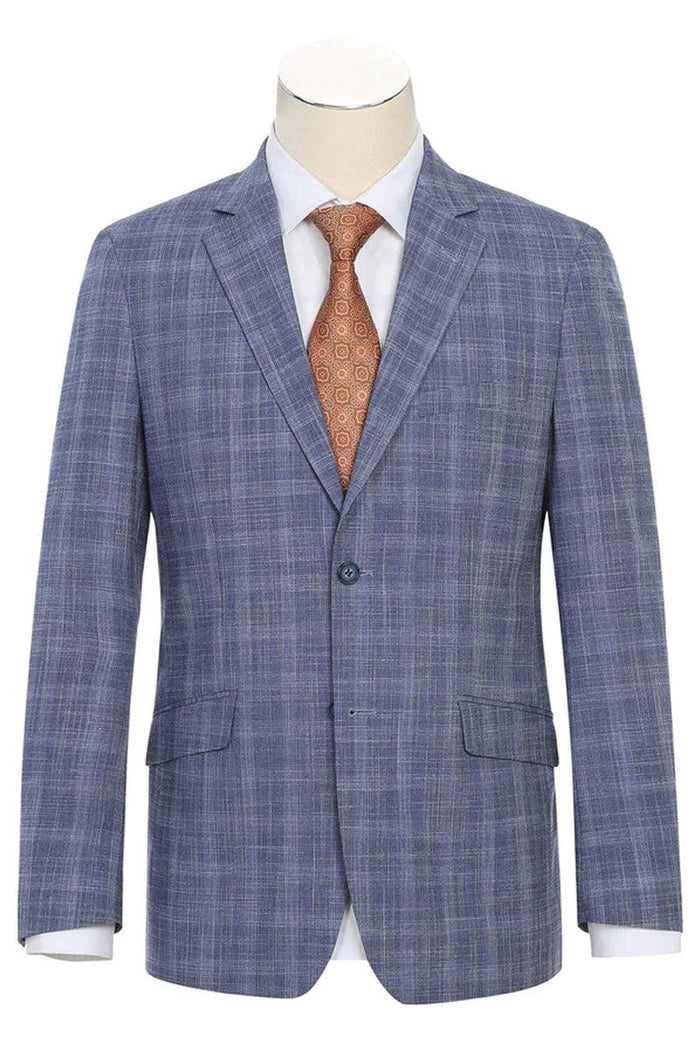 Renoir Men's Slim Fit 2-Button Light Blue Summer Plaid Suit w/ Wide Windowpane Design - USA Men's Outlet