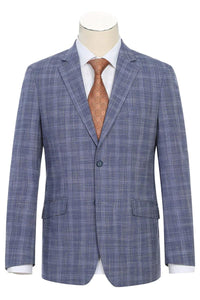 Renoir Men's Slim Fit 2-Button Light Blue Summer Plaid Suit w/ Wide Windowpane Design - USA Men's Outlet
