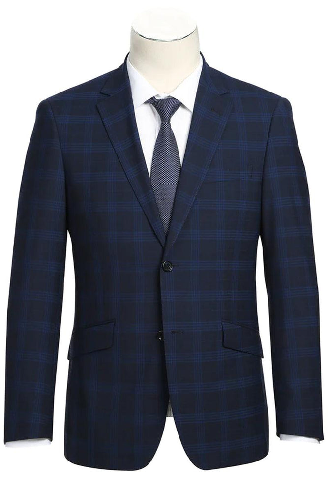 "Renoir Men's Slim-Fit Stretch Suit in Dark Navy Windowpane Plaid" - USA Men's Outlet