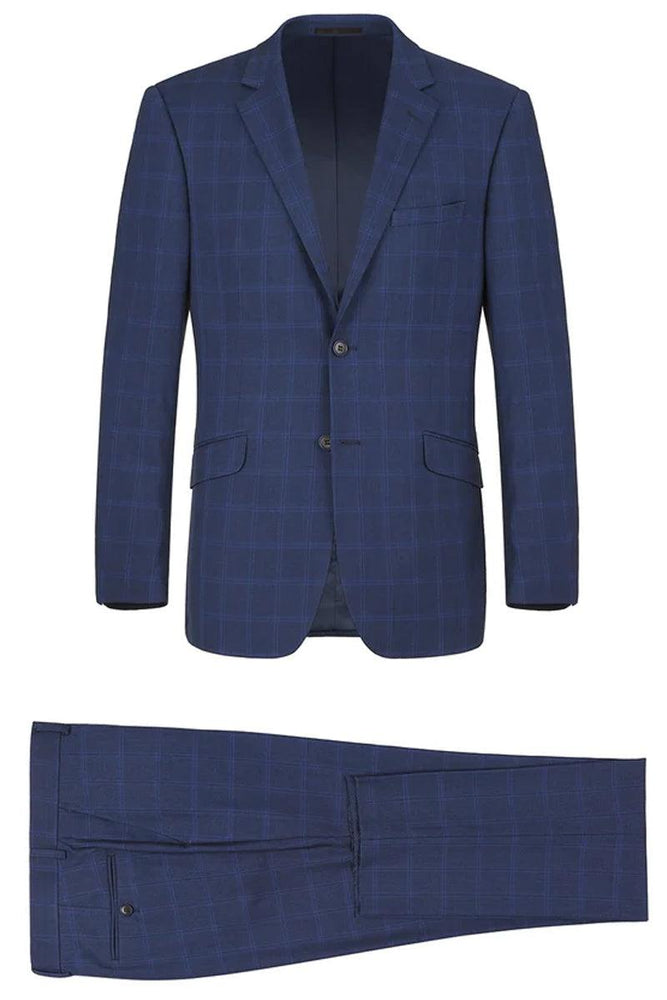 Renoir Men's Slim-Fit Two-Button 2-Piece Suit in Indigo Blue Windowpane Plaid - USA Men's Outlet