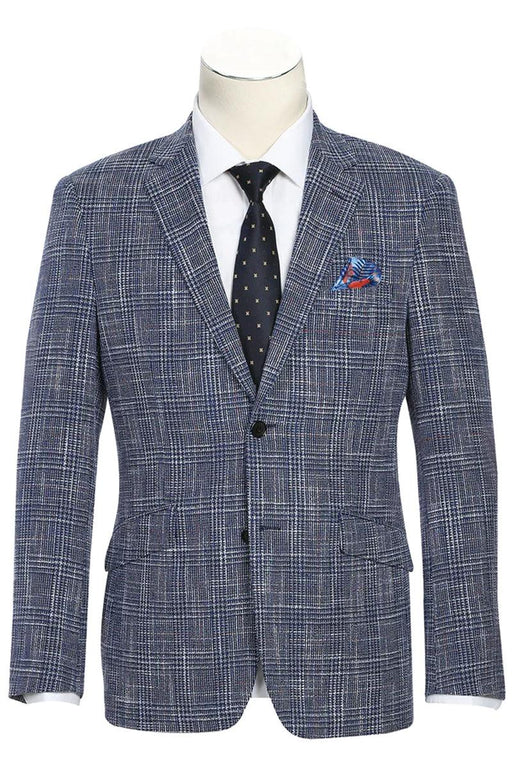 Renoir Men's Slim-Fit Wool &Linen Blazer in Blue Windowpane Plaid - USA Men's Outlet