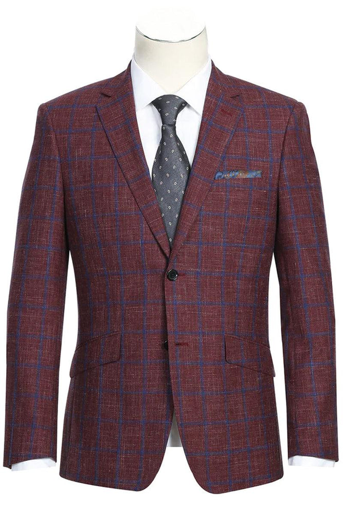 Renoir Men's Slim Fit Wool Blazer in Burgundy & Blue Windowpane Plaid - USA Men's Outlet