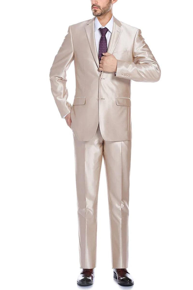 "Renoir Men's Slim Suit w/ Optional Vest: Shining Champagne Tan Sharkskin" - USA Men's Outlet