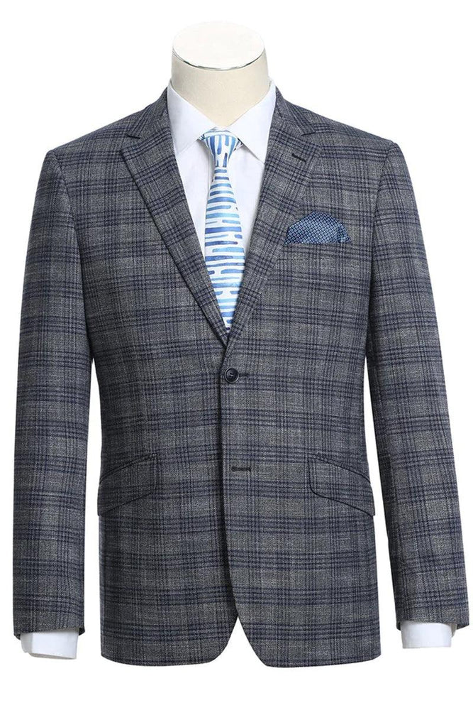 "Renoir Men's Two-Button Blazer - Charcoal Grey Windowpane Plaid - Slim Fit" - USA Men's Outlet