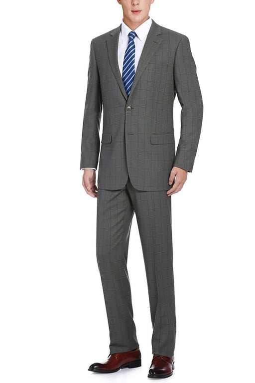 Renoir Men's Two-Button Classic Fit Grey Windowpane Suit - USA Men's Outlet