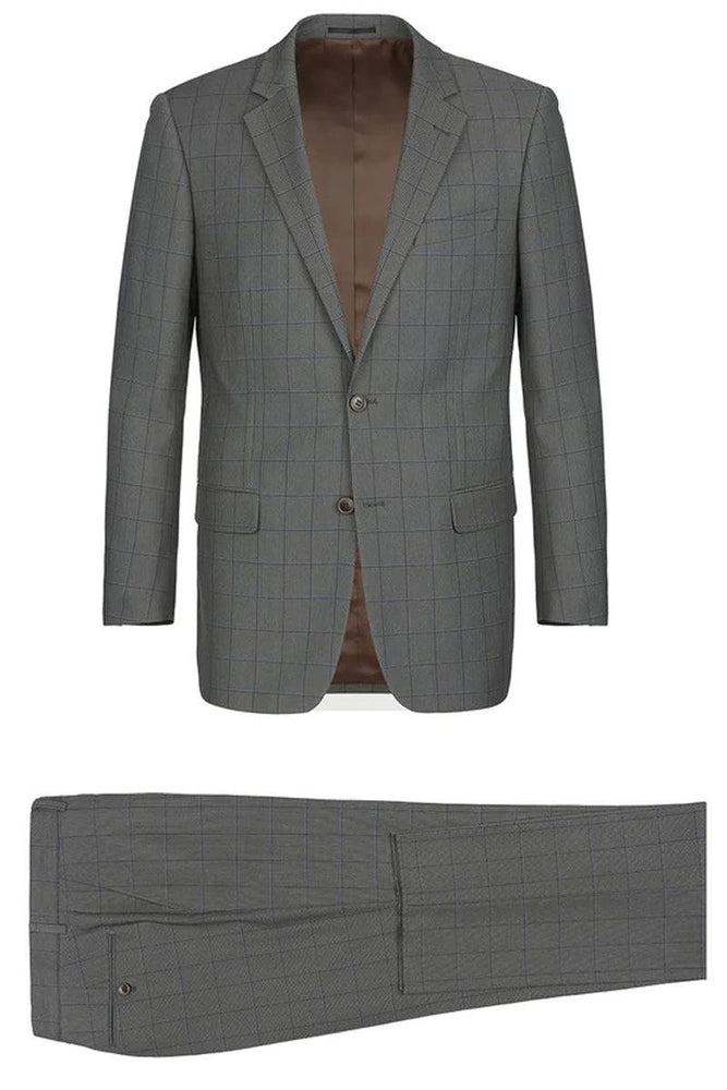 Renoir Men's Two-Button Classic Fit Grey Windowpane Suit - USA Men's Outlet