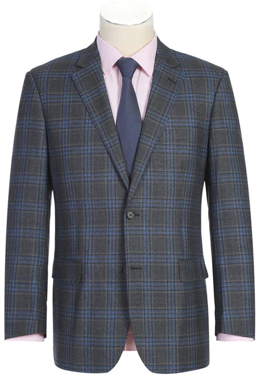 Renoir Men's Wool 2-Button Classic Vested Suit in Grey-Blue Windowpane Plaid - USA Men's Outlet