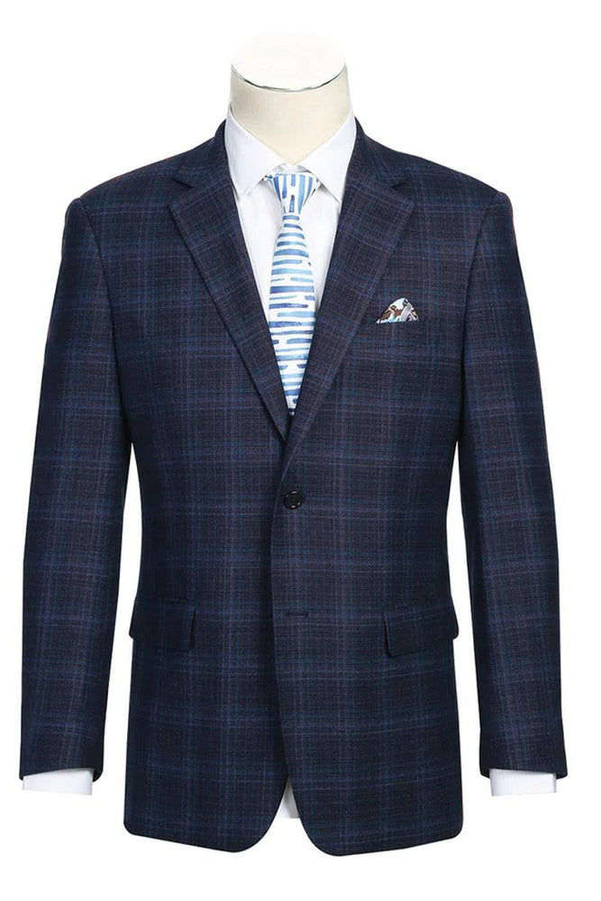 "Renoir Mens 2-Button Wool-Stretch Navy Windowpane Blazer" - USA Men's Outlet