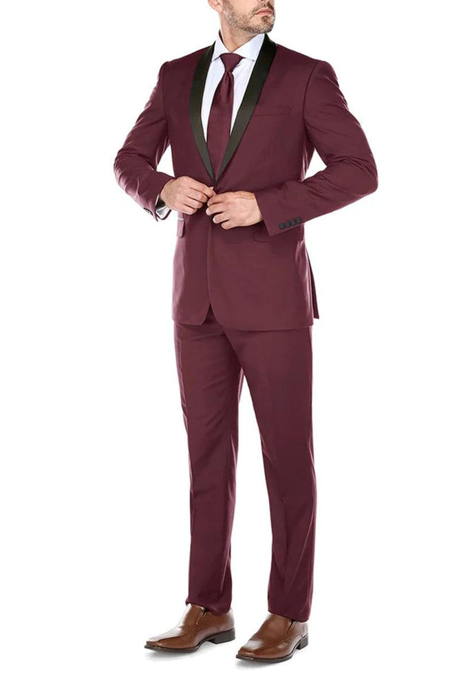 Renoir Mens Traditional Slim Fit Burgundy Tuxedo Shawl Collar - USA Men's Outlet