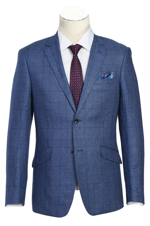 Renoir Navy Blazer: Slim Fit 2-Button Linen Sport Coat w/ Windowpane Plaid - USA Men's Outlet