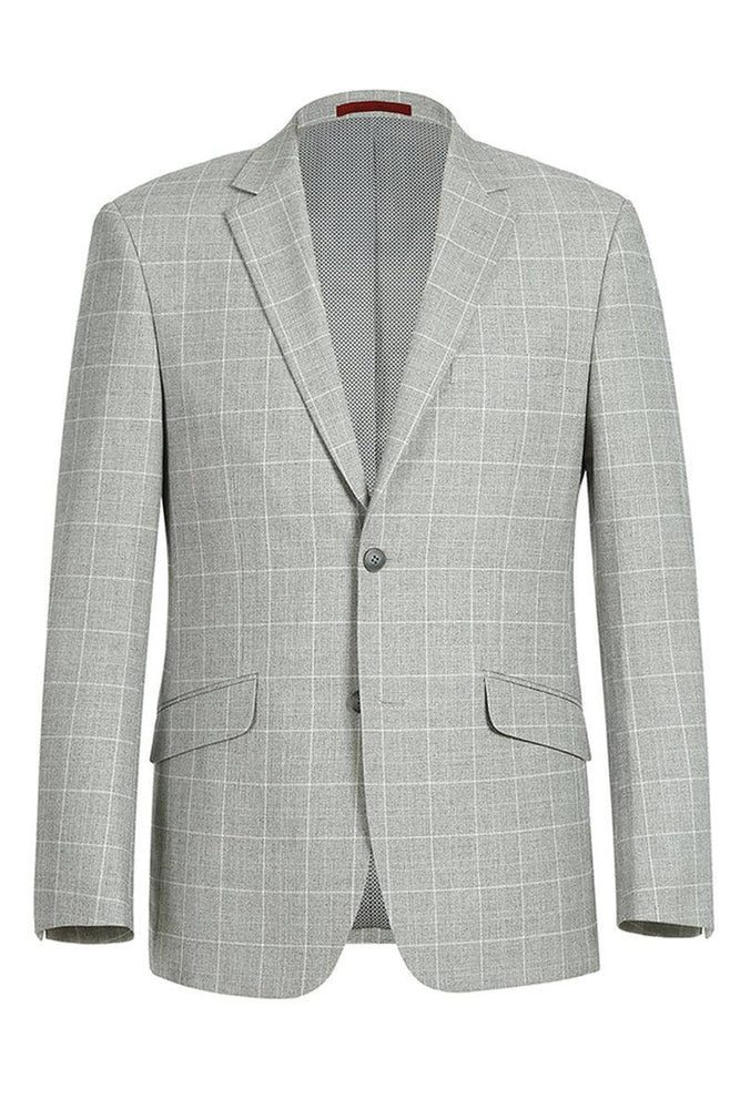 Renoir Sport Coat Blazer - Slim Fit, 2 Buttons, Light Grey Ash Windowpane Plaid - USA Men's Outlet