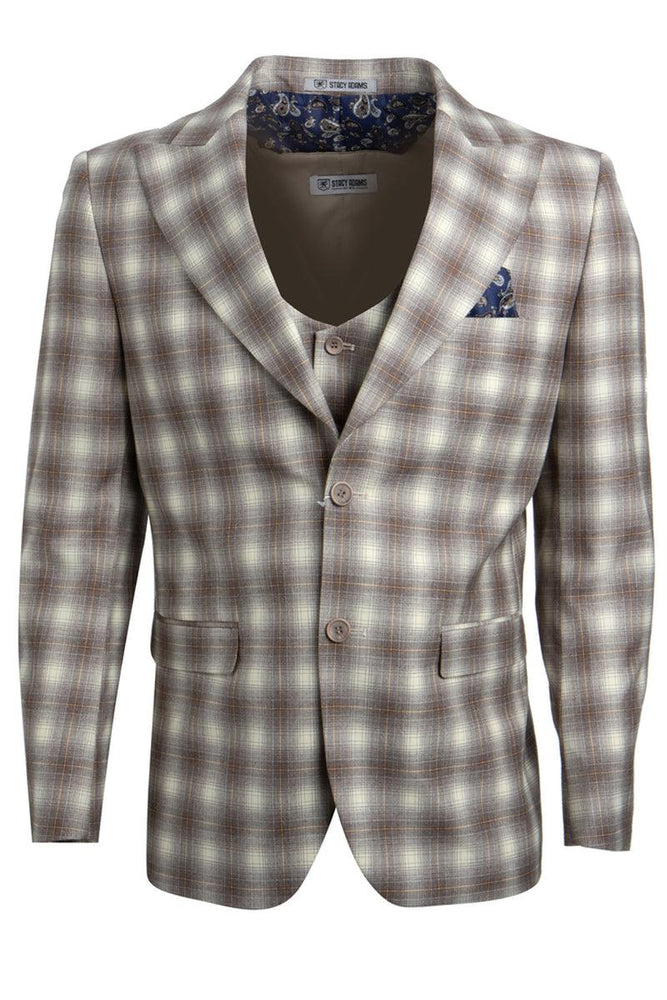 Revised Title: Stacy Adams Brown & Tan Plaid Vested Windowpane 2-Button Suit - USA Men's Outlet