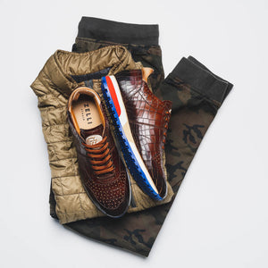 Zelli Rocco Hand-Burnished Embossed Crocodile Sneakers in Brown