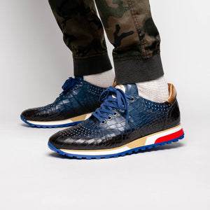 Zelli Rocco Hand-Burnished Crocodile Embossed Sneakers in Navy