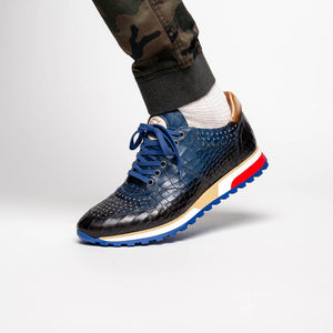 Zelli Rocco Hand-Burnished Crocodile Embossed Sneakers in Navy