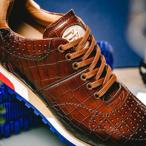 Zelli Rocco Hand-Burnished Embossed Crocodile Sneakers in Brown