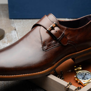Zelli Roman Smooth Calfskin Monk Strap Dress Shoes in Chestnut