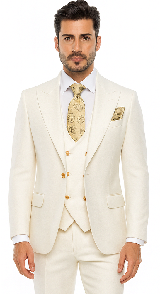 Rossi Man BOND RM1770 Slim Fit 3-Piece White Suit – 1-Button Peak Lapel Stylish Men’s Formalwear