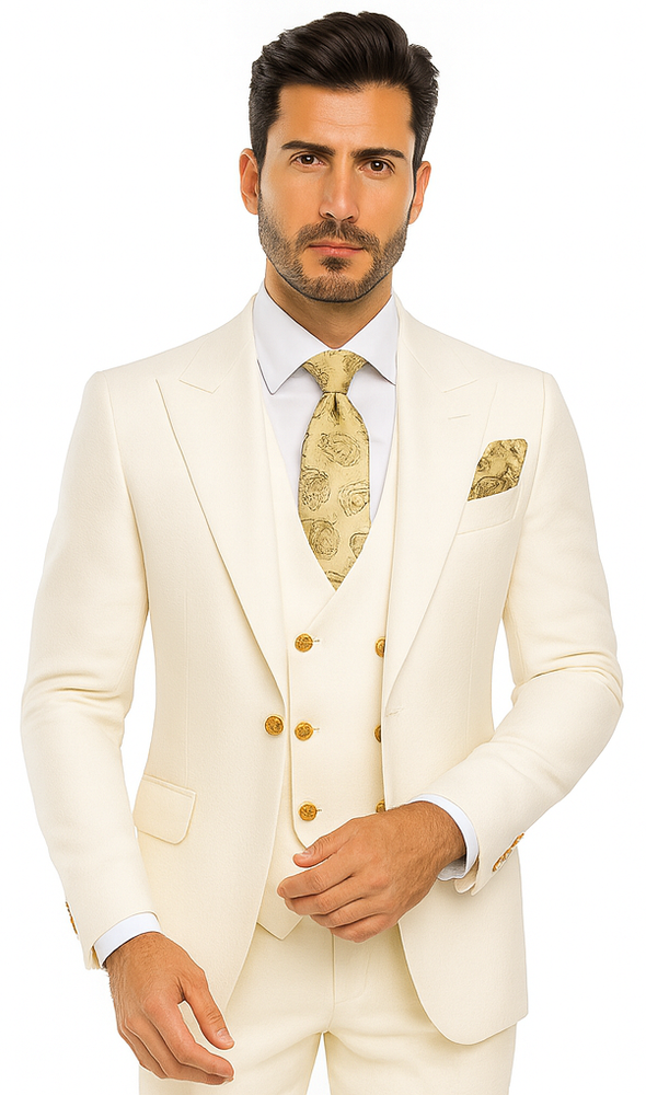 Rossi Man BOND RM1770 Slim Fit 3-Piece White Suit – 1-Button Peak Lapel Stylish Men’s Formalwear