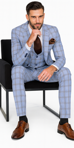 Rossi Man MAX RM1822 Slim Fit 3-Piece Suit – Light Blue & Brown Plaid Formal Suit for Men