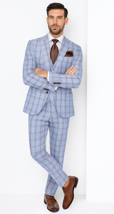 Rossi Man MAX RM1822 Slim Fit 3-Piece Suit – Light Blue & Brown Plaid Formal Suit for Men