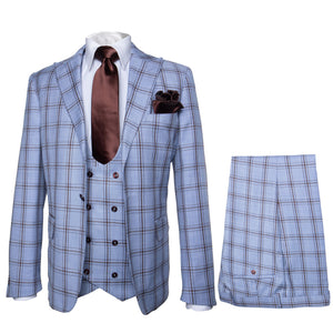 Rossi Man MAX RM1822 Slim Fit 3-Piece Suit – Light Blue & Brown Plaid Formal Suit for Men