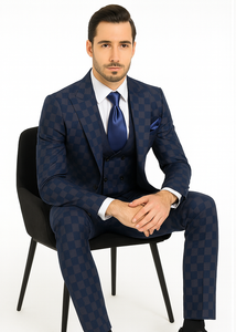 Rossi Man MAX RM1838 Navy Check Slim Fit 3-Piece Suit – Men’s Formalwear