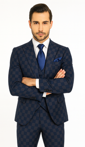 Rossi Man MAX RM1838 Navy Check Slim Fit 3-Piece Suit – Men’s Formalwear