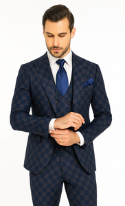 Rossi Man MAX RM1838 Navy Check Slim Fit 3-Piece Suit – Men’s Formalwear