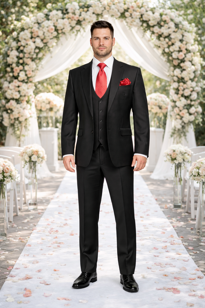 Rossiman Men’s Formal Black Slim Fit Suit | 3-Piece with Stylish Vest & Trousers – Italian Tailored Elegance