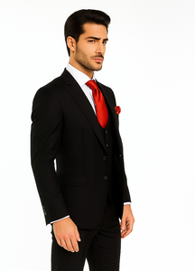 Rossi Man Men’s Slim Fit Black Suit | Double-Breasted Vest – Elegant Italian Formalwear for Men