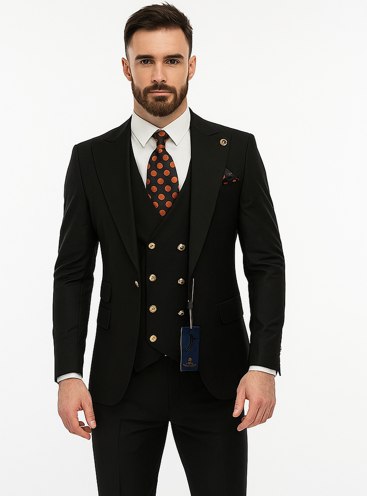 Rossiman Black Suit for Men | Classic 1-Button Peak Lapel Jacket & Double-Breasted Vest – Italian Tailored 3-Piece Luxury Suit