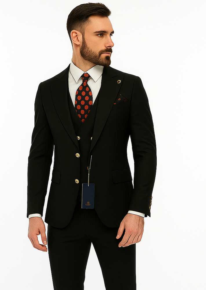 Rossiman Black Suit for Men | Classic 1-Button Peak Lapel Jacket & Double-Breasted Vest – Italian Tailored 3-Piece Luxury Suit