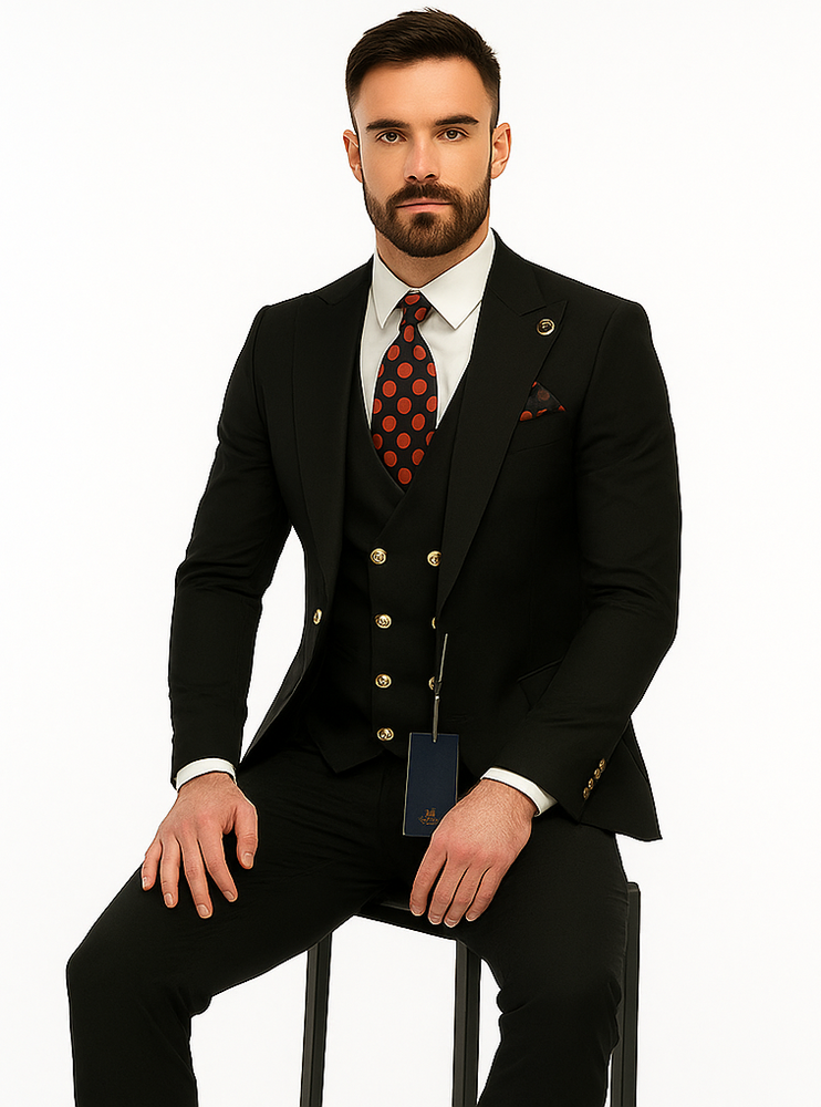 Rossiman Black Suit for Men | Classic 1-Button Peak Lapel Jacket & Double-Breasted Vest – Italian Tailored 3-Piece Luxury Suit