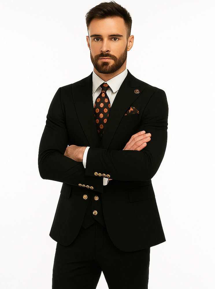 Rossiman Black Suit for Men | Classic 1-Button Peak Lapel Jacket & Double-Breasted Vest – Italian Tailored 3-Piece Luxury Suit