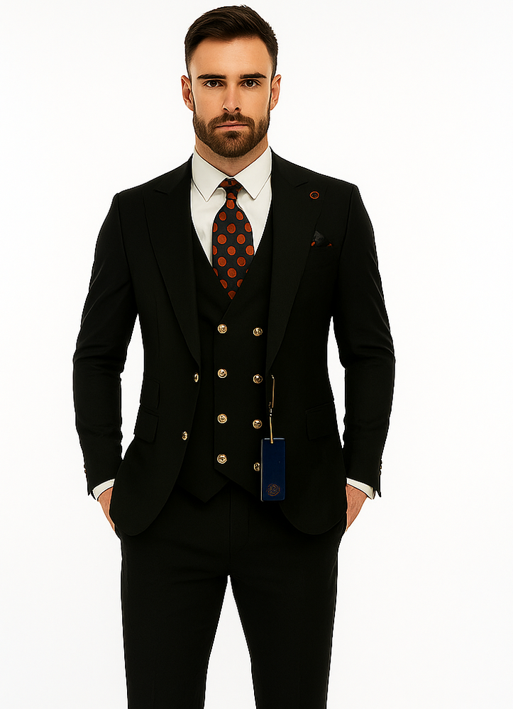 Rossiman Black Suit for Men | Classic 1-Button Peak Lapel Jacket & Double-Breasted Vest – Italian Tailored 3-Piece Luxury Suit