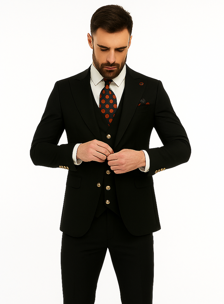 Rossiman Black Suit for Men | Classic 1-Button Peak Lapel Jacket & Double-Breasted Vest – Italian Tailored 3-Piece Luxury Suit
