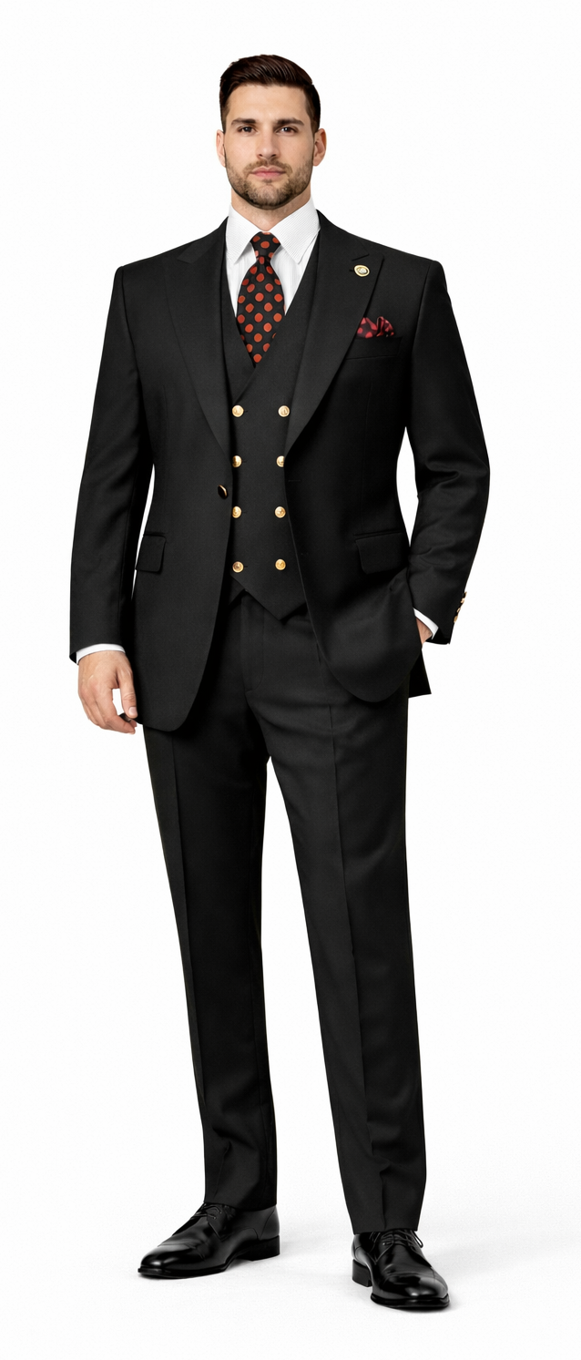 Rossiman Black Suit for Men | Classic 1-Button Peak Lapel Jacket & Double-Breasted Vest – Italian Tailored 3-Piece Luxury Suit