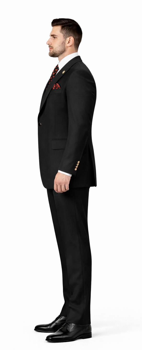 Rossiman Black Suit for Men | Classic 1-Button Peak Lapel Jacket & Double-Breasted Vest – Italian Tailored 3-Piece Luxury Suit