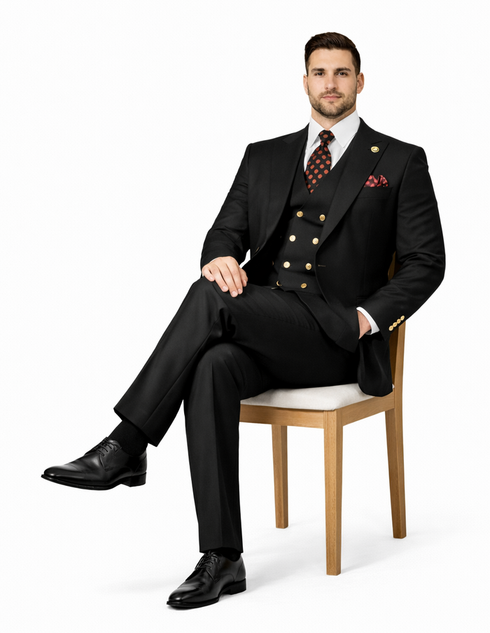 Rossiman Black Suit for Men | Classic 1-Button Peak Lapel Jacket & Double-Breasted Vest – Italian Tailored 3-Piece Luxury Suit