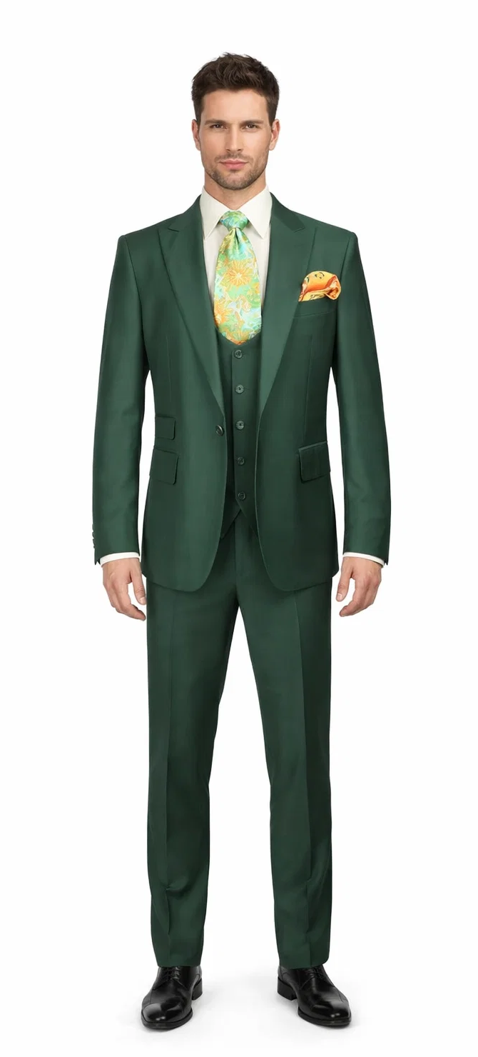Rossiman Hunter Green Slim Fit Men’s Suit | 3-Piece Vested Set with Flat Front Trousers – Italian Tailored Elegance