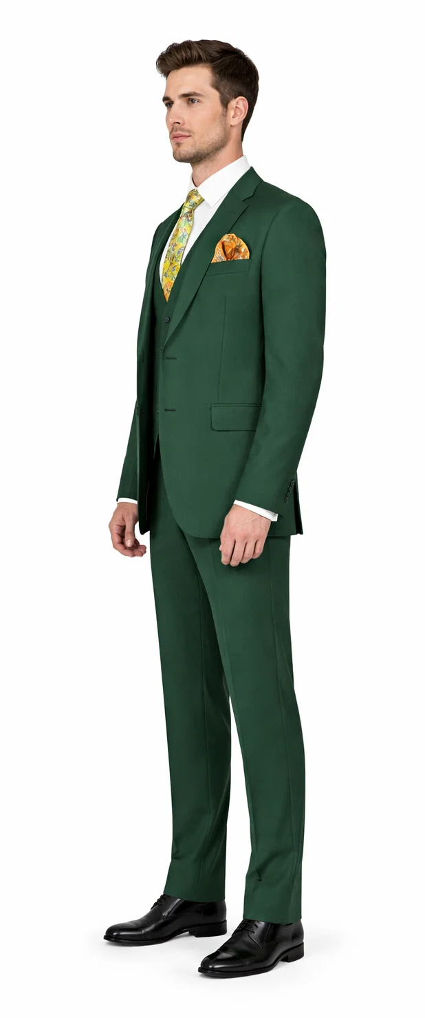Rossiman Hunter Green Slim Fit Men’s Suit | 3-Piece Vested Set with Flat Front Trousers – Italian Tailored Elegance