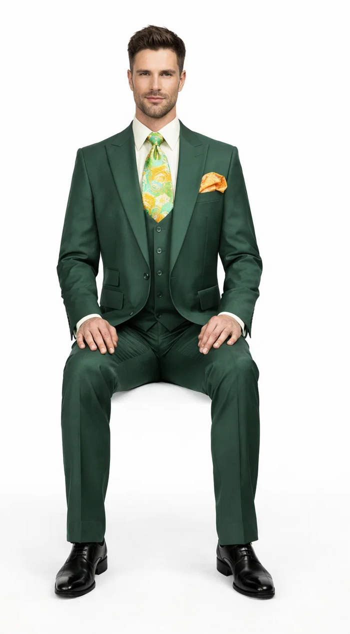 Rossiman Hunter Green Slim Fit Men’s Suit | 3-Piece Vested Set with Flat Front Trousers – Italian Tailored Elegance