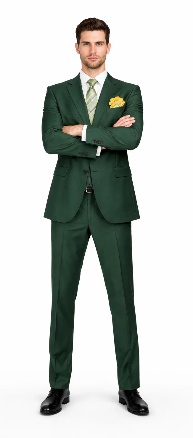 Rossiman Hunter Green Slim Fit Men’s Suit | 3-Piece Vested Set with Flat Front Trousers – Italian Tailored Elegance